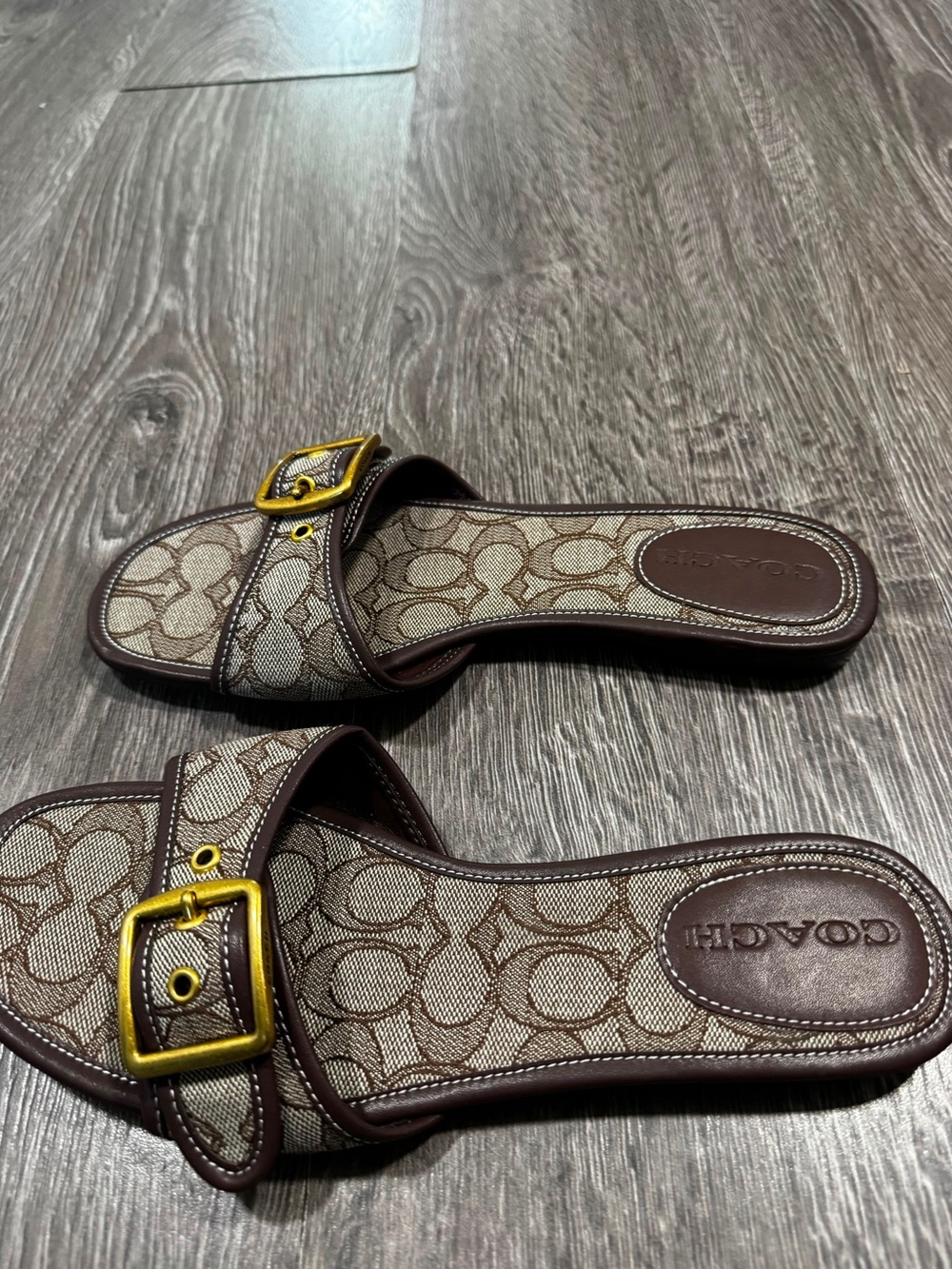Coach Brown Signature Logo Slide Sandals with Gold Buckle